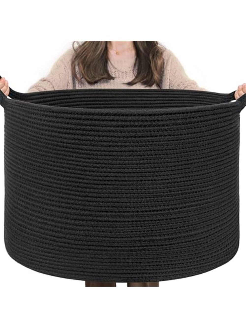 New XXXLarge Woven Rope Blanket Basket Living Room Black, 90L